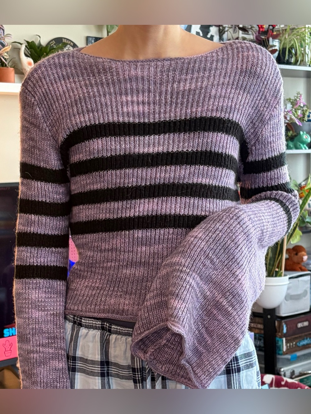 Lilac Striped Boatneck Sweater with Wide Sleeves